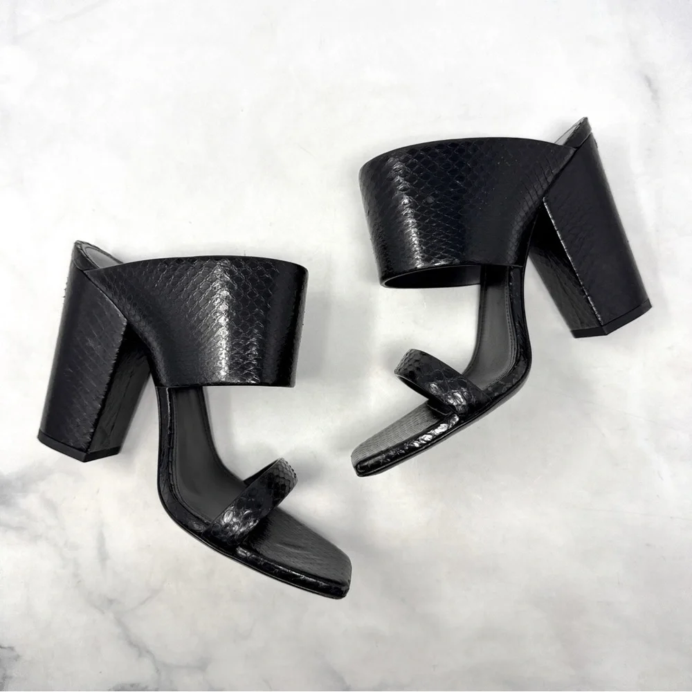 Saint Laurent Oak Snakeskin Leather Square Toe Block Heel Mule Sandal Black 38.5 - Picture 8 of 16